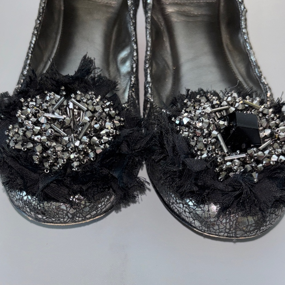 Tory Burch Crackle Leather Amelia Jeweled Crystal Bow Round toe Flats - Picture 5 of 6